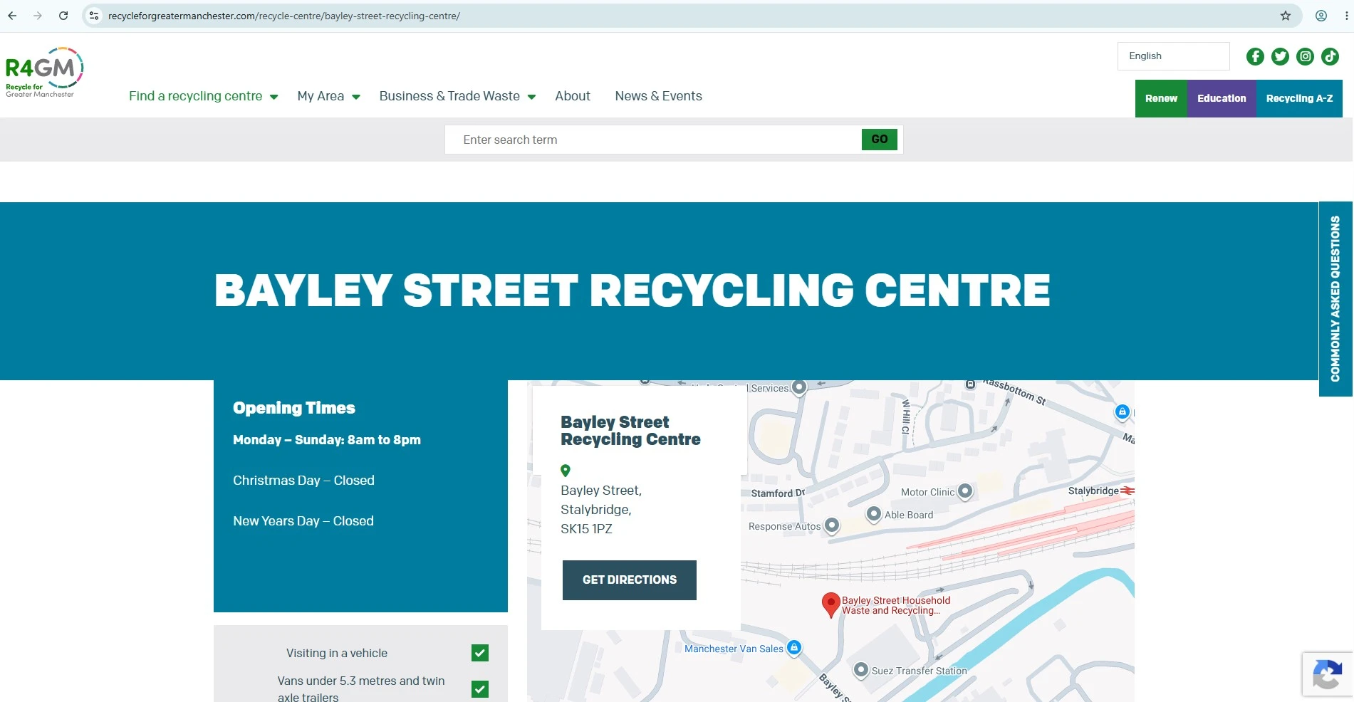 Official Bayley Street Recycling Centre page showing opening times and address for Stalybridge SK15 1PZ