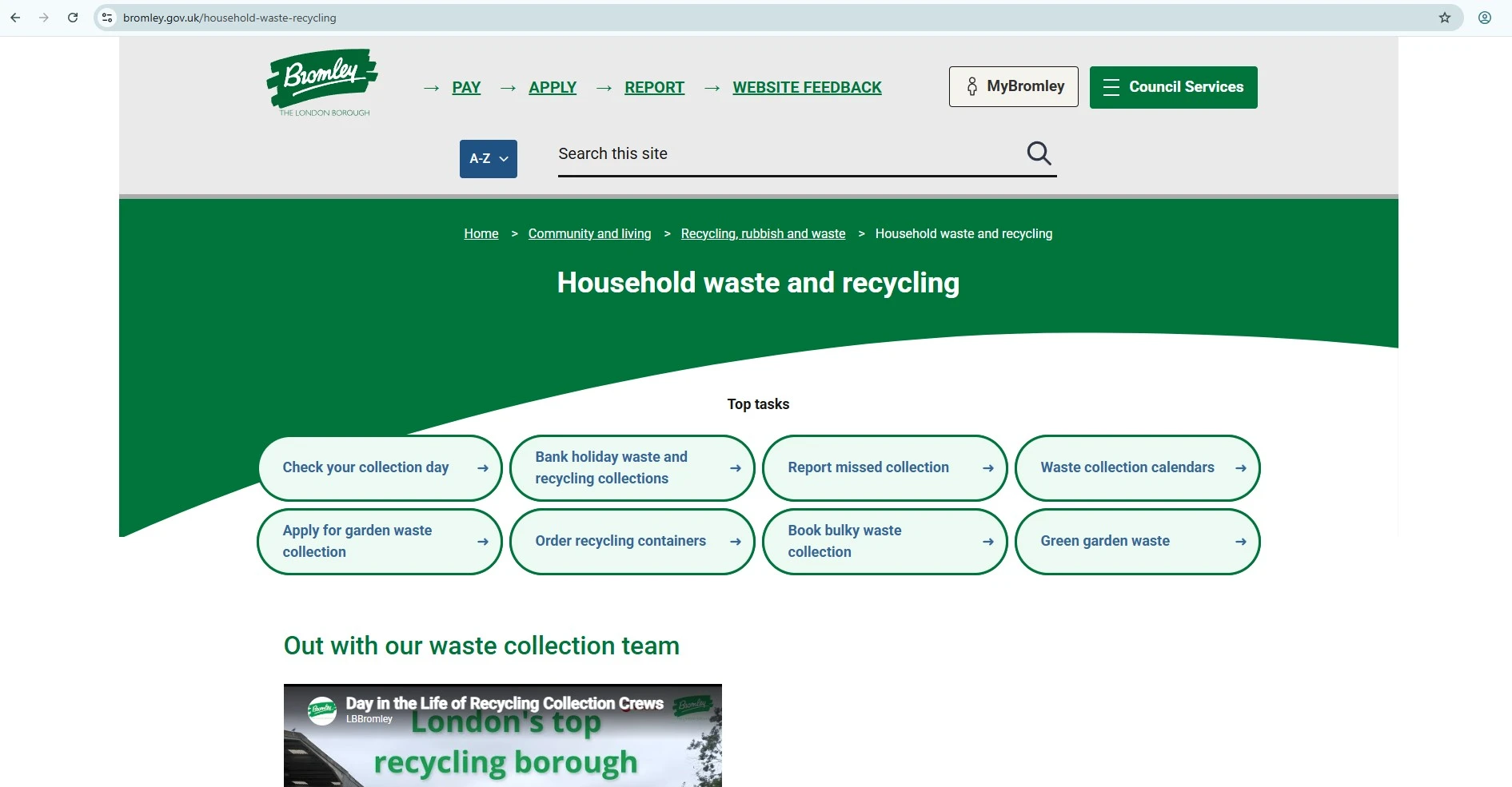 London Borough of Bromley household waste and recycling page showing official links for bin collection days missed collections calendars and bulky waste