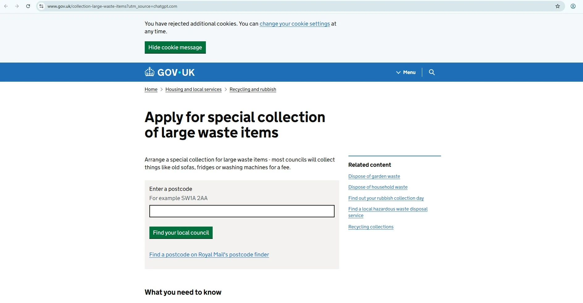 GOV.UK large waste items collection page showing the official postcode finder for local council bulky waste pickup