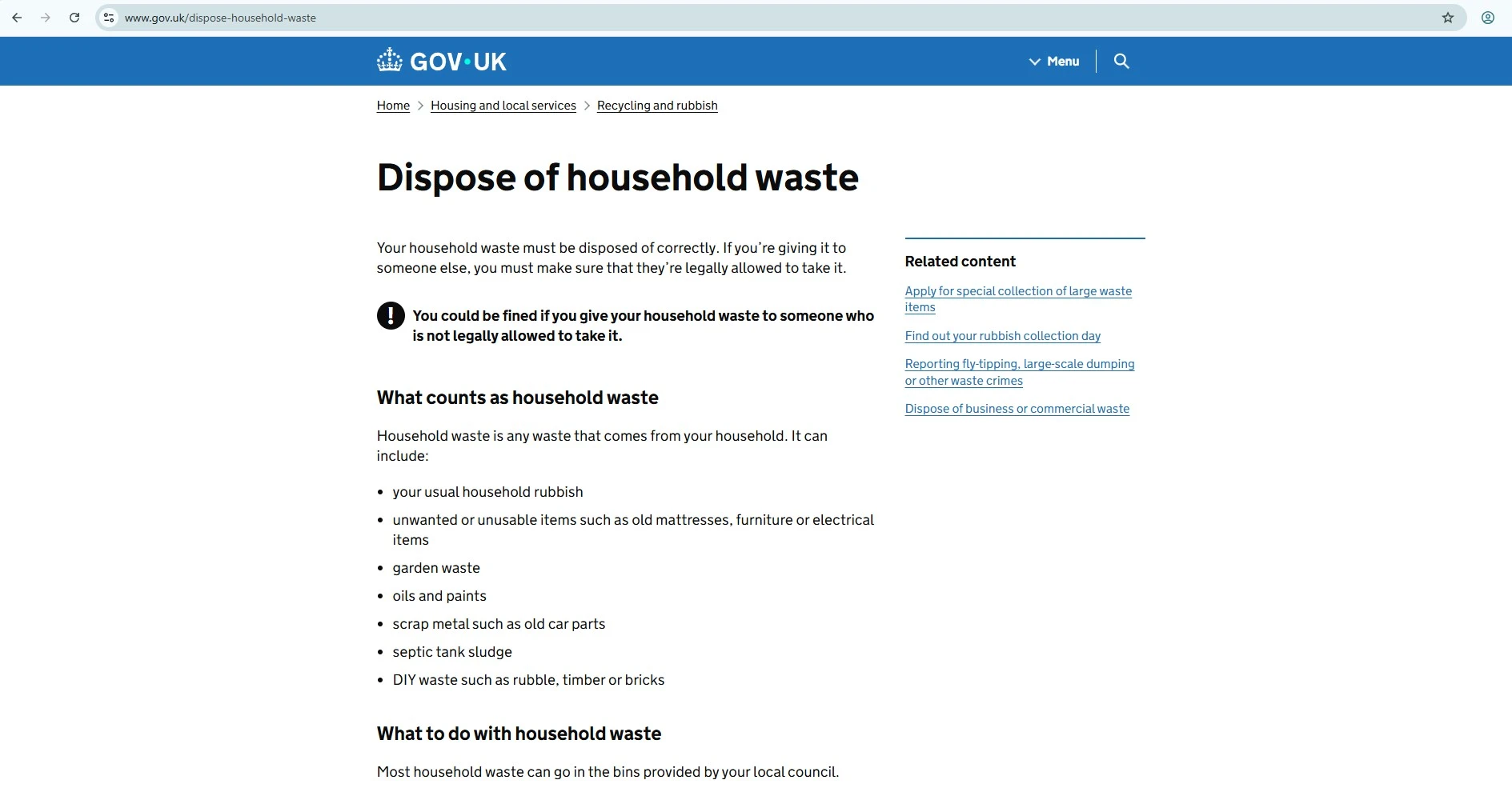 GOV.UK household waste page showing how to find the correct local council recycling centre route